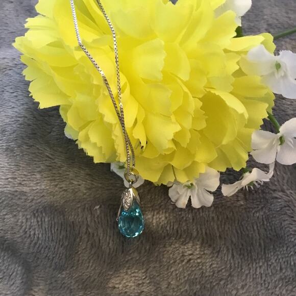 Sterling Silver Blue Pear Drop Crystal Necklace - Picture 1 of 5